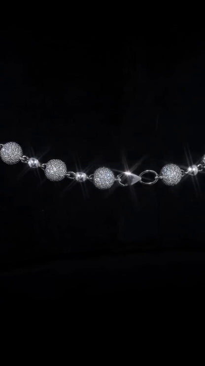 Iced Out Ball Chain Necklace, 8mm Moissanite & 5mm Polished Balls, 925 Sterling Silver, Hip Hop Chain