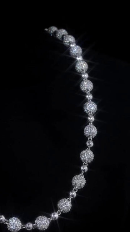 Iced Out Ball Chain Necklace, 8mm Moissanite & 5mm Polished Balls, 925 Sterling Silver, Hip Hop Chain