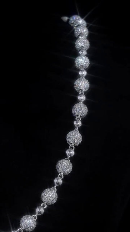 Iced Out Ball Chain Necklace, 8mm Moissanite & 5mm Polished Balls, 925 Sterling Silver, Hip Hop Chain