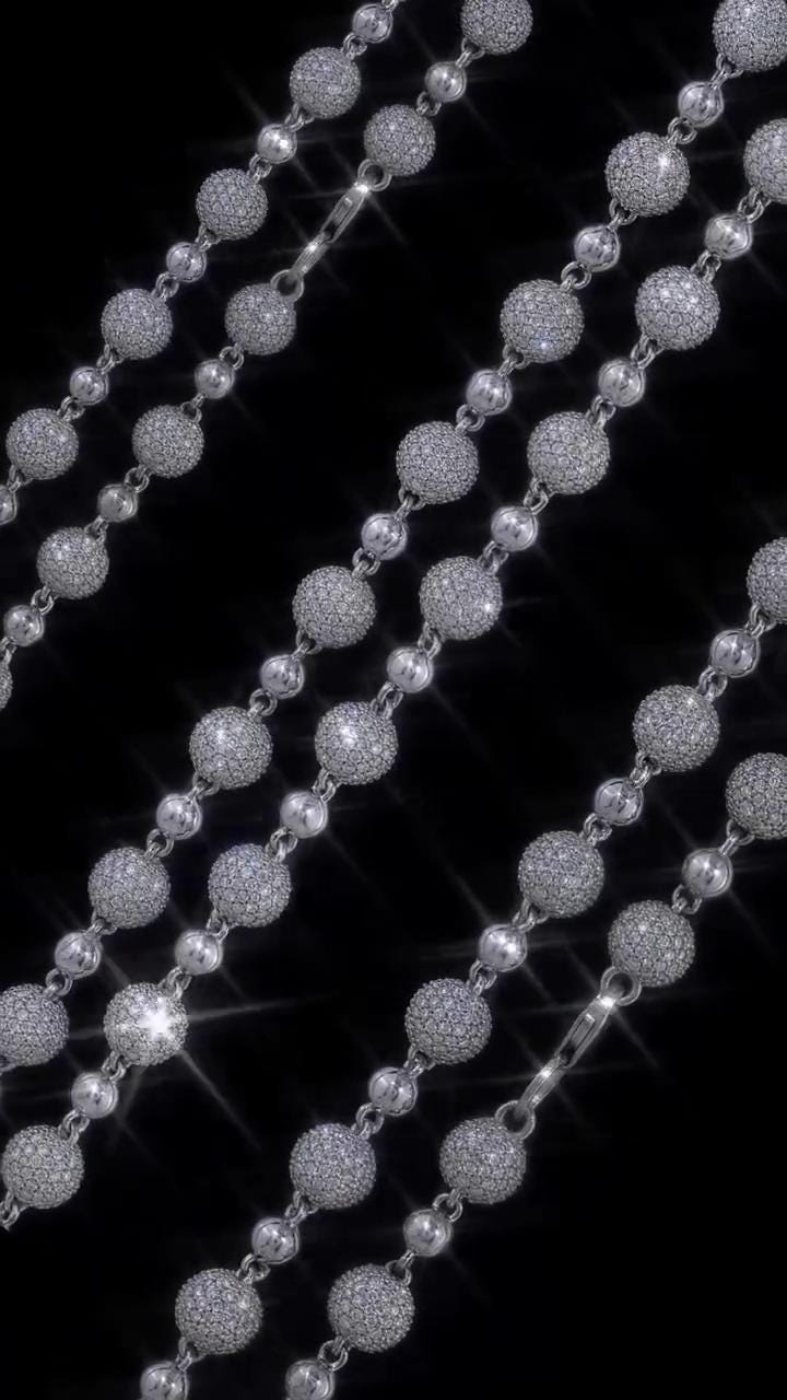 Iced Out Ball Chain Necklace, 8mm Moissanite & 5mm Polished Balls, 925 Sterling Silver, Hip Hop Chain