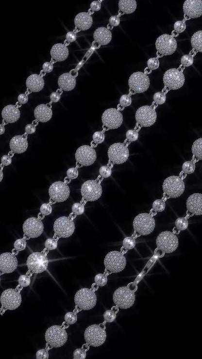 Iced Out Ball Chain Necklace, 8mm Moissanite & 5mm Polished Balls, 925 Sterling Silver, Hip Hop Chain