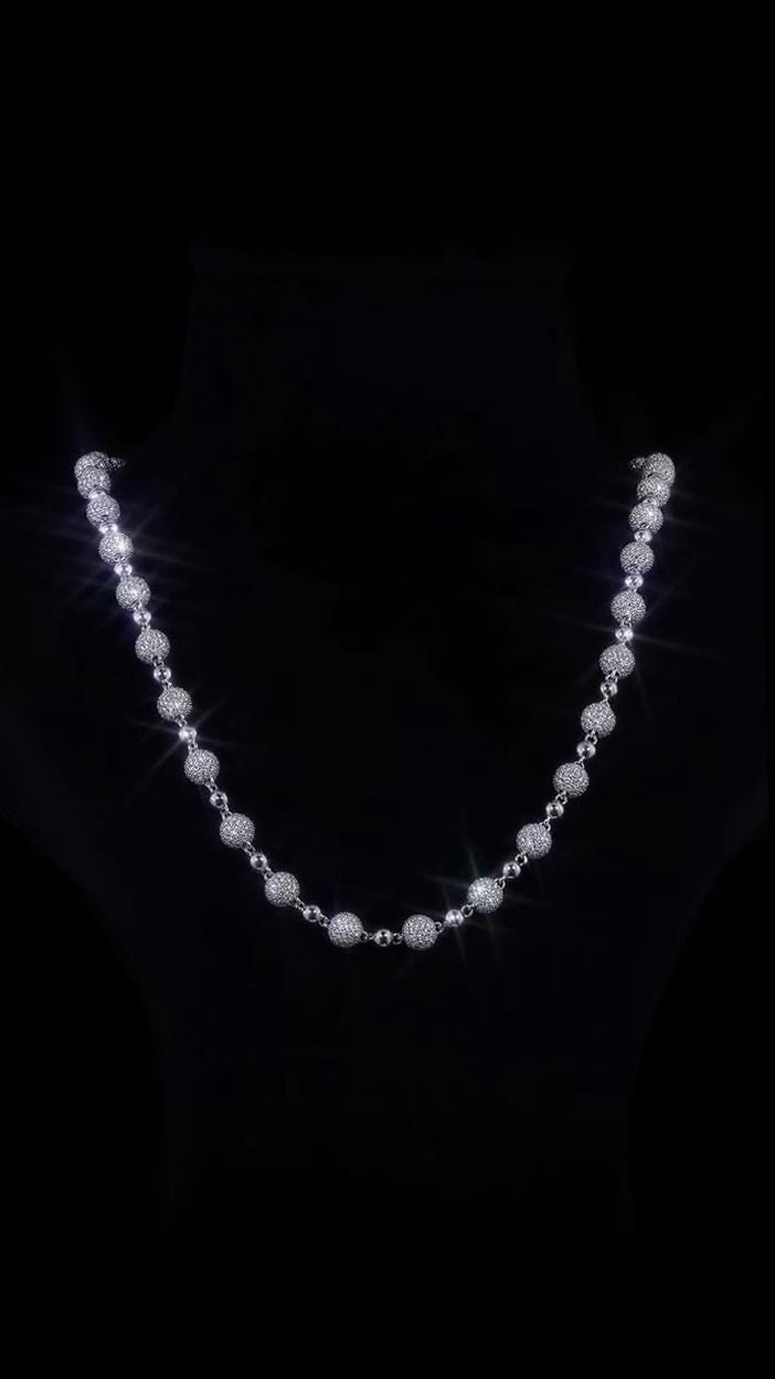 Iced Out Ball Chain Necklace, 8mm Moissanite & 5mm Polished Balls, 925 Sterling Silver, Hip Hop Chain
