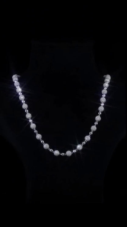 Iced Out Ball Chain Necklace, 8mm Moissanite & 5mm Polished Balls, 925 Sterling Silver, Hip Hop Chain
