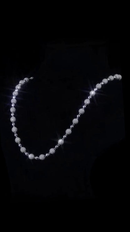 Iced Out Ball Chain Necklace, 8mm Moissanite & 5mm Polished Balls, 925 Sterling Silver, Hip Hop Chain