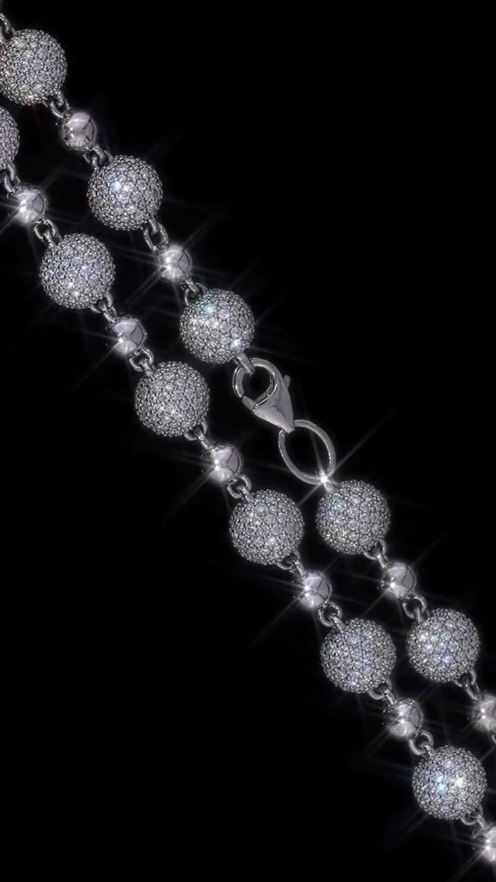 Iced Out Ball Chain Necklace, 8mm Moissanite & 5mm Polished Balls, 925 Sterling Silver, Hip Hop Chain