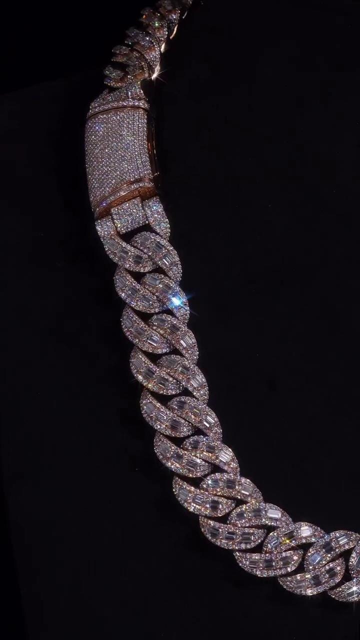 18mm Emerald Cut Moissanite Cuban Link Chain, VVS1 Moissanite Necklace, 925 Sterling Silver, Rose Gold Plated