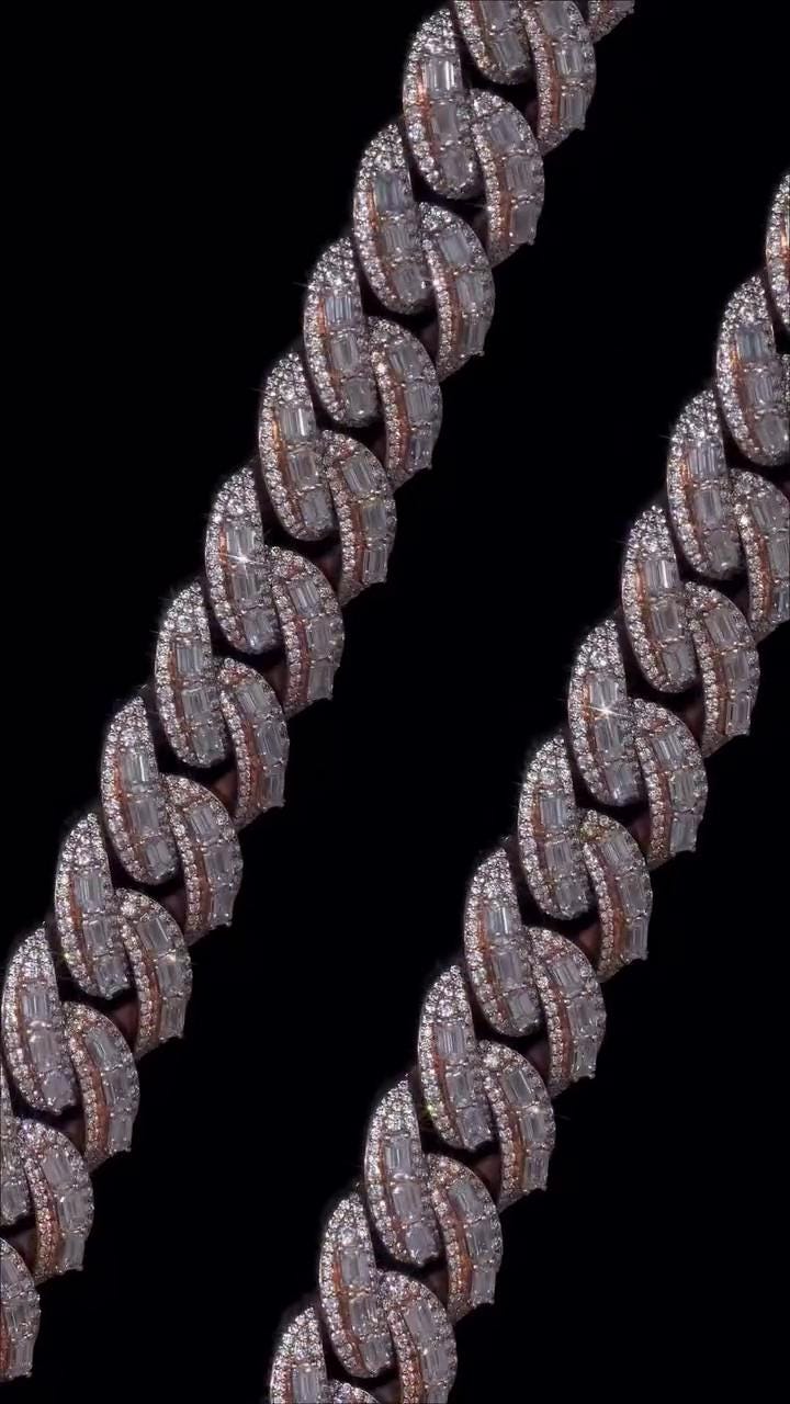 18mm Emerald Cut Moissanite Cuban Link Chain, VVS1 Moissanite Necklace, 925 Sterling Silver, Rose Gold Plated