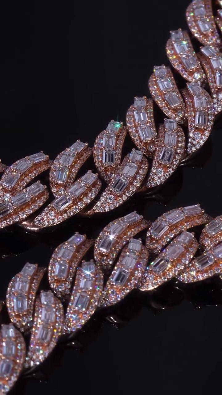 18mm Emerald Cut Moissanite Cuban Link Chain, VVS1 Moissanite Necklace, 925 Sterling Silver, Rose Gold Plated