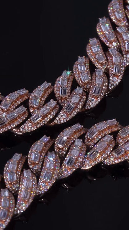 18mm Emerald Cut Moissanite Cuban Link Chain, VVS1 Moissanite Necklace, 925 Sterling Silver, Rose Gold Plated