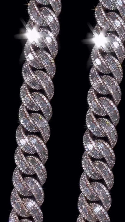 18mm Emerald Cut Moissanite Cuban Link Chain, VVS1 Moissanite Necklace, 925 Sterling Silver, Rose Gold Plated