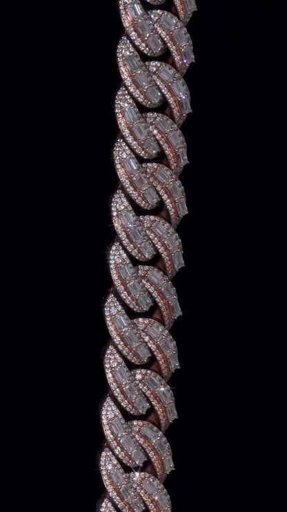 18mm Emerald Cut Moissanite Cuban Link Chain, VVS1 Moissanite Necklace, 925 Sterling Silver, Rose Gold Plated