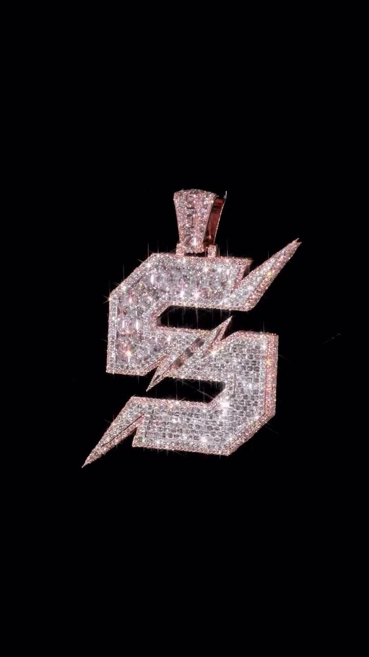 VVS1 Moissanite S Initial Pendant, Lightning Bolt Design, Two Tone 925 Sterling Silver Hip Hop Jewelry