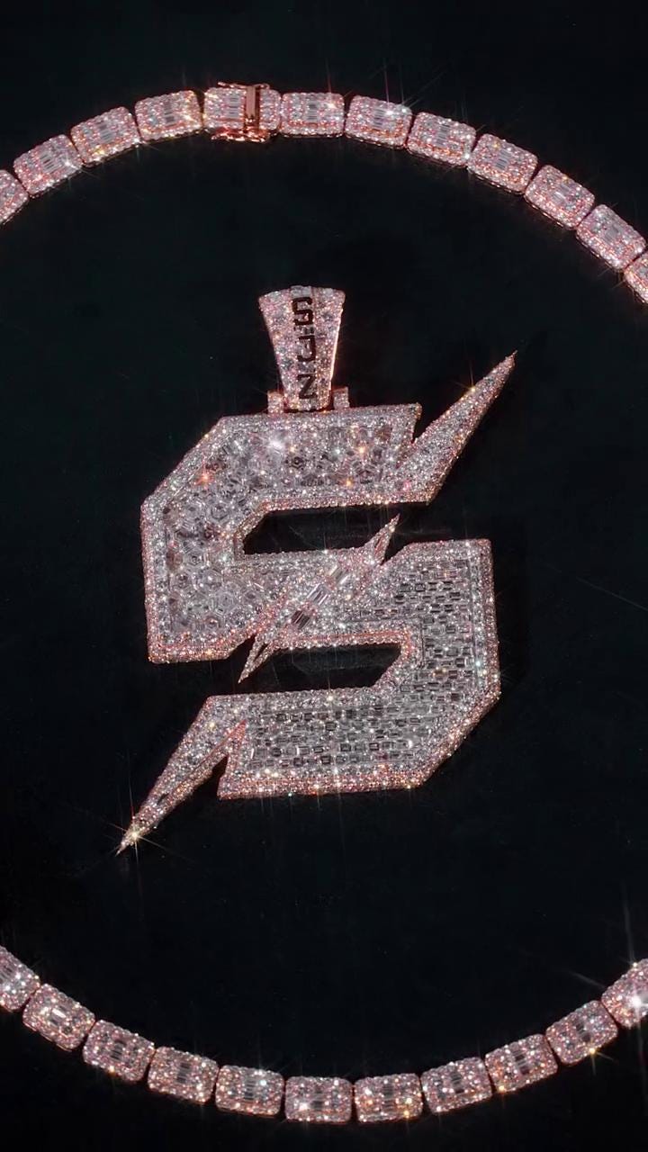 VVS1 Moissanite S Initial Pendant, Lightning Bolt Design, Two Tone 925 Sterling Silver Hip Hop Jewelry