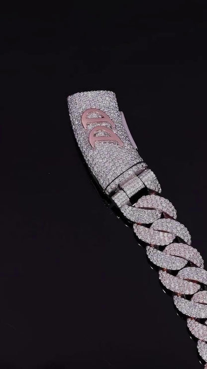 16mm 3-Row Pavé Miami Cuban Link Chain with Custom Clasp, D Color VVS1 Moissanite, 925 Sterling Silver