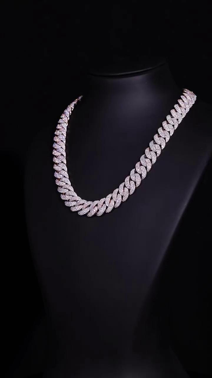 16mm 3-Row Pavé Miami Cuban Link Chain with Custom Clasp, D Color VVS1 Moissanite, 925 Sterling Silver