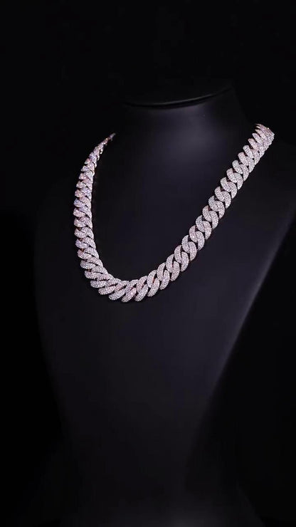 16mm 3-Row Pavé Miami Cuban Link Chain with Custom Clasp, D Color VVS1 Moissanite, 925 Sterling Silver