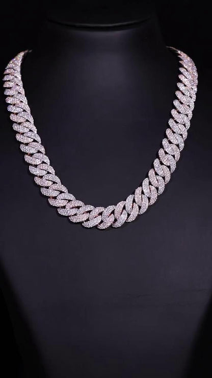 16mm 3-Row Pavé Miami Cuban Link Chain with Custom Clasp, D Color VVS1 Moissanite, 925 Sterling Silver