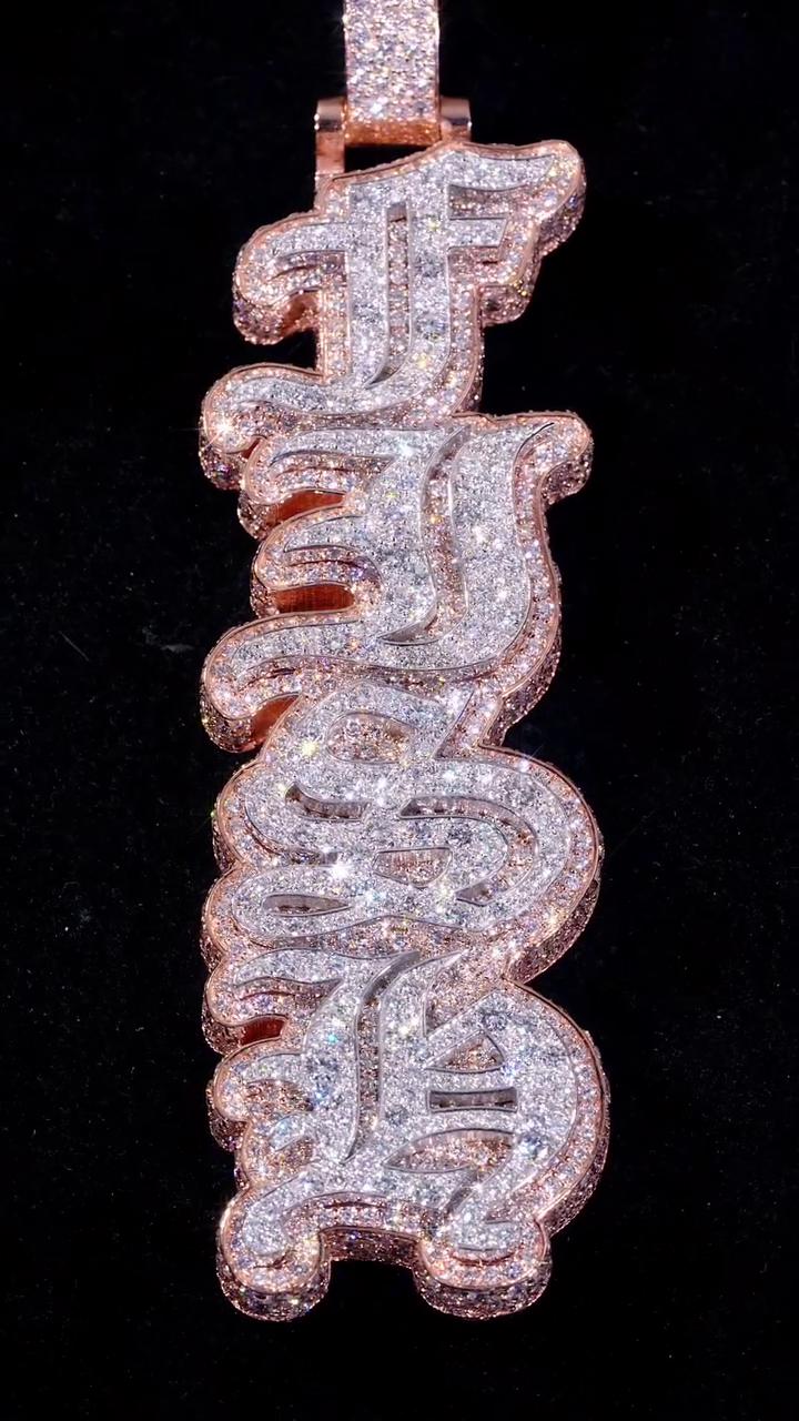 VVS1 Moissanite Drop Down Pendant | Old English Letters | Mosaic Setting | Two Tone 925 Sterling Silver | Passes Diamond Tester
