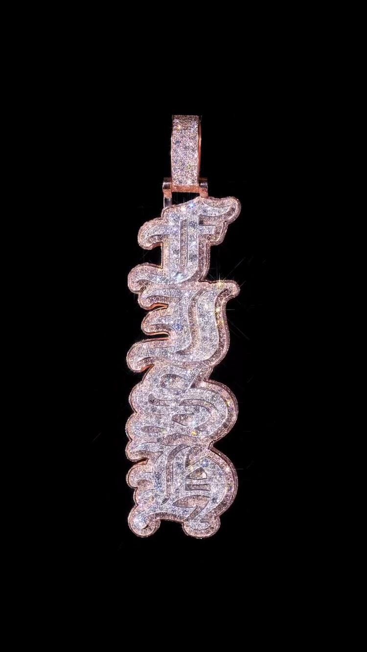 VVS1 Moissanite Drop Down Pendant | Old English Letters | Mosaic Setting | Two Tone 925 Sterling Silver | Passes Diamond Tester