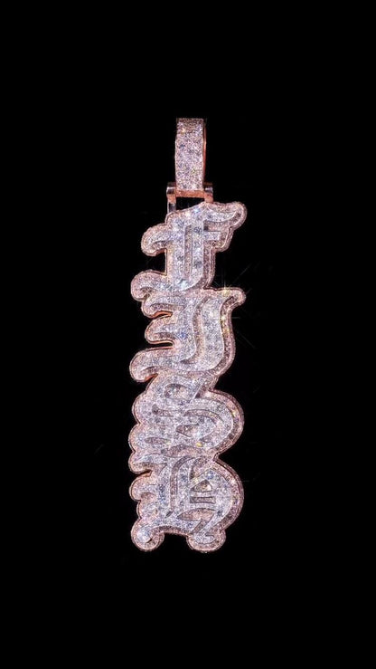 VVS1 Moissanite Drop Down Pendant | Old English Letters | Mosaic Setting | Two Tone 925 Sterling Silver | Passes Diamond Tester