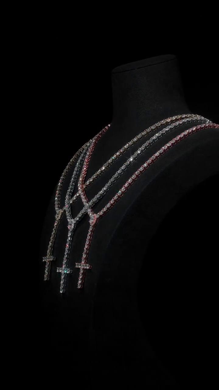 5mm VVS1 Moissanite Rosary Necklace, 925 Sterling Silver Tennis Chain with Cross, White, Yellow or Rose Gold Tone