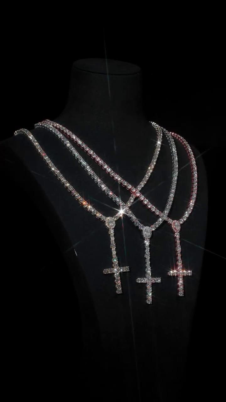 5mm VVS1 Moissanite Rosary Necklace, 925 Sterling Silver Tennis Chain with Cross, White, Yellow or Rose Gold Tone