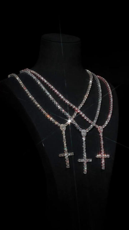 5mm VVS1 Moissanite Rosary Necklace, 925 Sterling Silver Tennis Chain with Cross, White, Yellow or Rose Gold Tone
