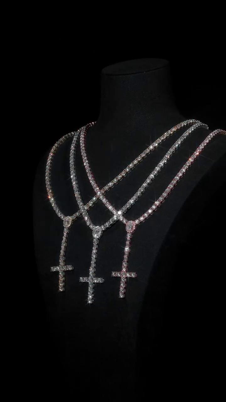 5mm VVS1 Moissanite Rosary Necklace, 925 Sterling Silver Tennis Chain with Cross, White, Yellow or Rose Gold Tone