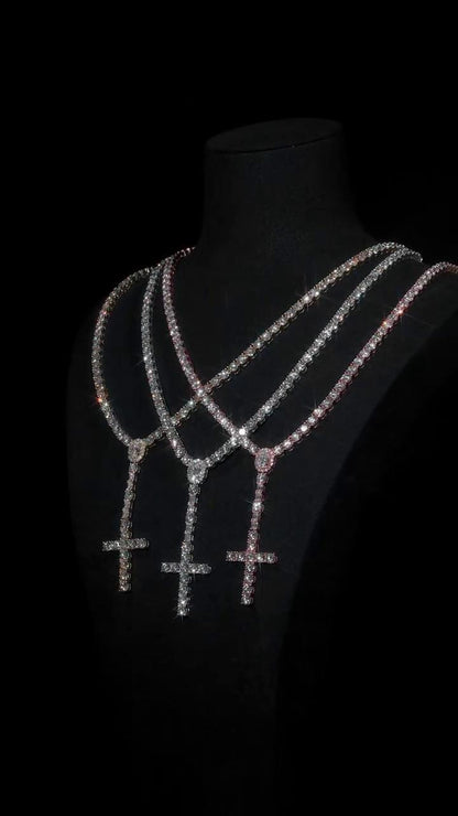 5mm VVS1 Moissanite Rosary Necklace, 925 Sterling Silver Tennis Chain with Cross, White, Yellow or Rose Gold Tone