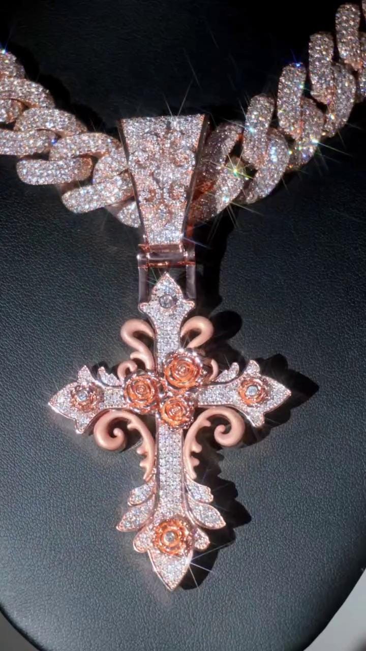 VVS1 Moissanite Gothic Rose Cross Pendant, Rose Gold Plated 925 Sterling Silver, 3 Inch, Passes Diamond Tester