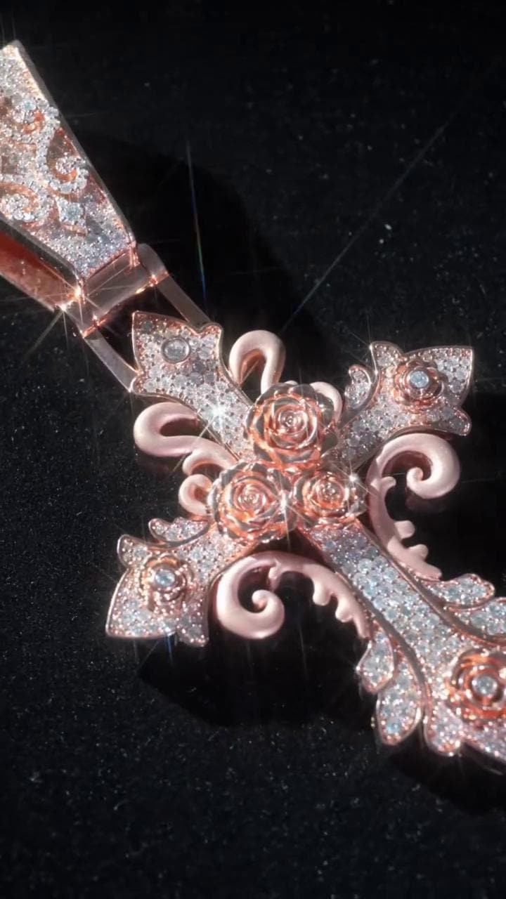 VVS1 Moissanite Gothic Rose Cross Pendant, Rose Gold Plated 925 Sterling Silver, 3 Inch, Passes Diamond Tester