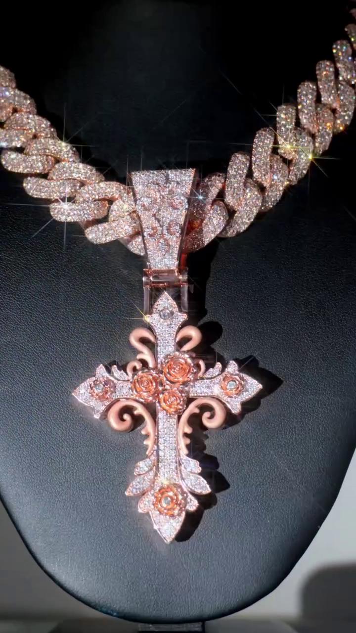 VVS1 Moissanite Gothic Rose Cross Pendant, Rose Gold Plated 925 Sterling Silver, 3 Inch, Passes Diamond Tester