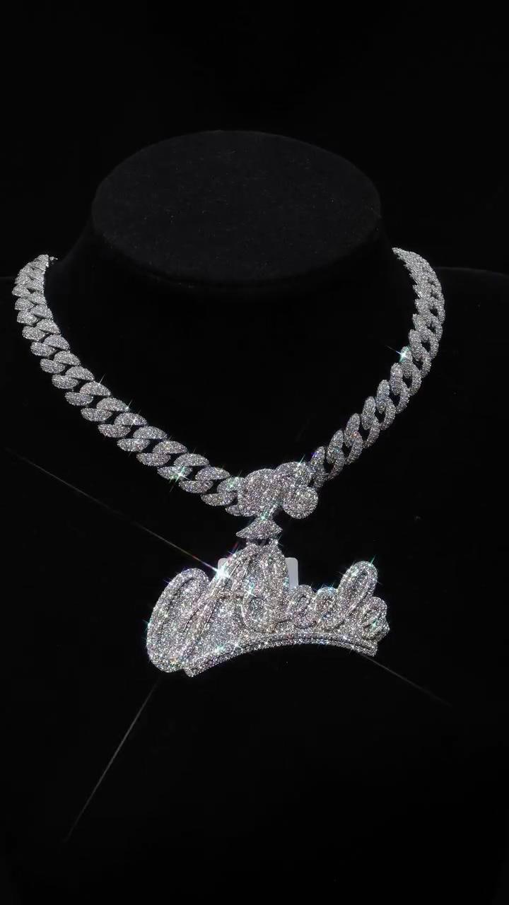 Custom Name Pendant and 12mm Cuban Link Chain Set, VVS1 Moissanite, 925 Sterling Silver, Personalized Hip Hop Jewelry