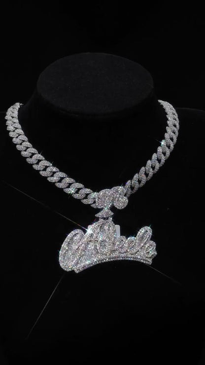 Custom Name Pendant and 12mm Cuban Link Chain Set, VVS1 Moissanite, 925 Sterling Silver, Personalized Hip Hop Jewelry