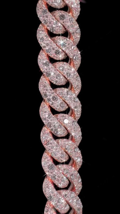 22mm Miami Cuban Link Chain, Galaxy set D Color VVS1 Moissanite, Rose Gold Plated 925 Sterling Silver, Passes Diamond Tester