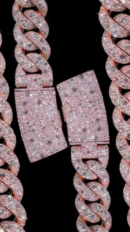 22mm Miami Cuban Link Chain, Galaxy set D Color VVS1 Moissanite, Rose Gold Plated 925 Sterling Silver, Passes Diamond Tester