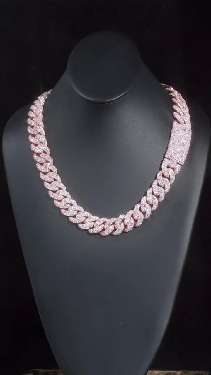 22mm Miami Cuban Link Chain, Galaxy set D Color VVS1 Moissanite, Rose Gold Plated 925 Sterling Silver, Passes Diamond Tester