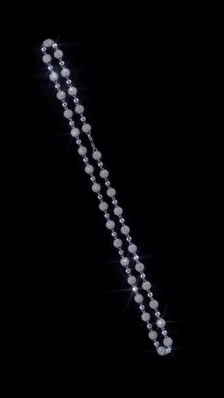 Iced Out Ball Chain Necklace, 8mm Moissanite & 5mm Polished Balls, 925 Sterling Silver, Hip Hop Chain