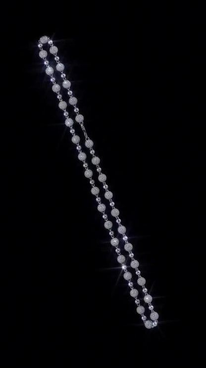 Iced Out Ball Chain Necklace, 8mm Moissanite & 5mm Polished Balls, 925 Sterling Silver, Hip Hop Chain