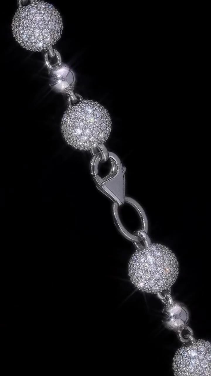 Iced Out Ball Chain Necklace, 8mm Moissanite & 5mm Polished Balls, 925 Sterling Silver, Hip Hop Chain