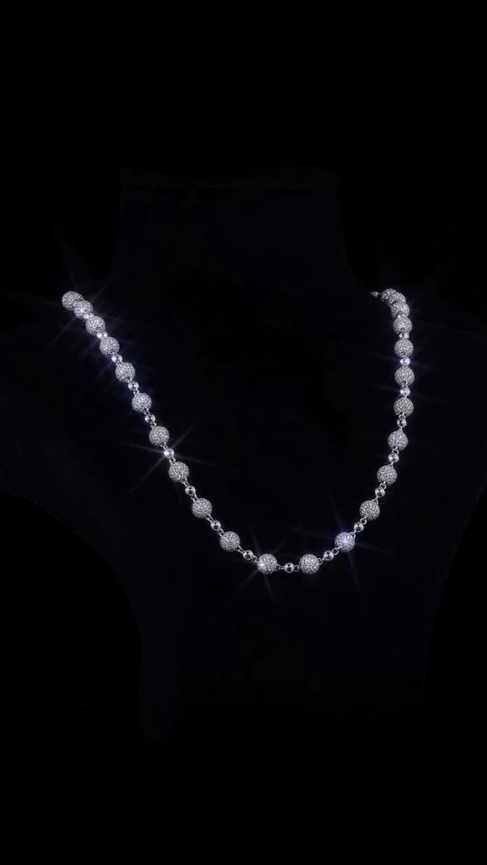 Iced Out Ball Chain Necklace, 8mm Moissanite & 5mm Polished Balls, 925 Sterling Silver, Hip Hop Chain