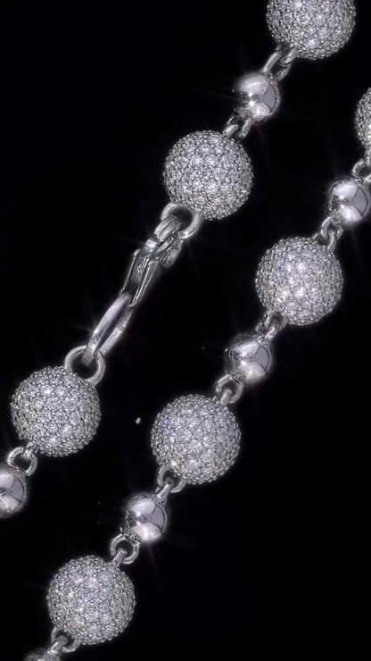 Iced Out Ball Chain Necklace, 8mm Moissanite & 5mm Polished Balls, 925 Sterling Silver, Hip Hop Chain