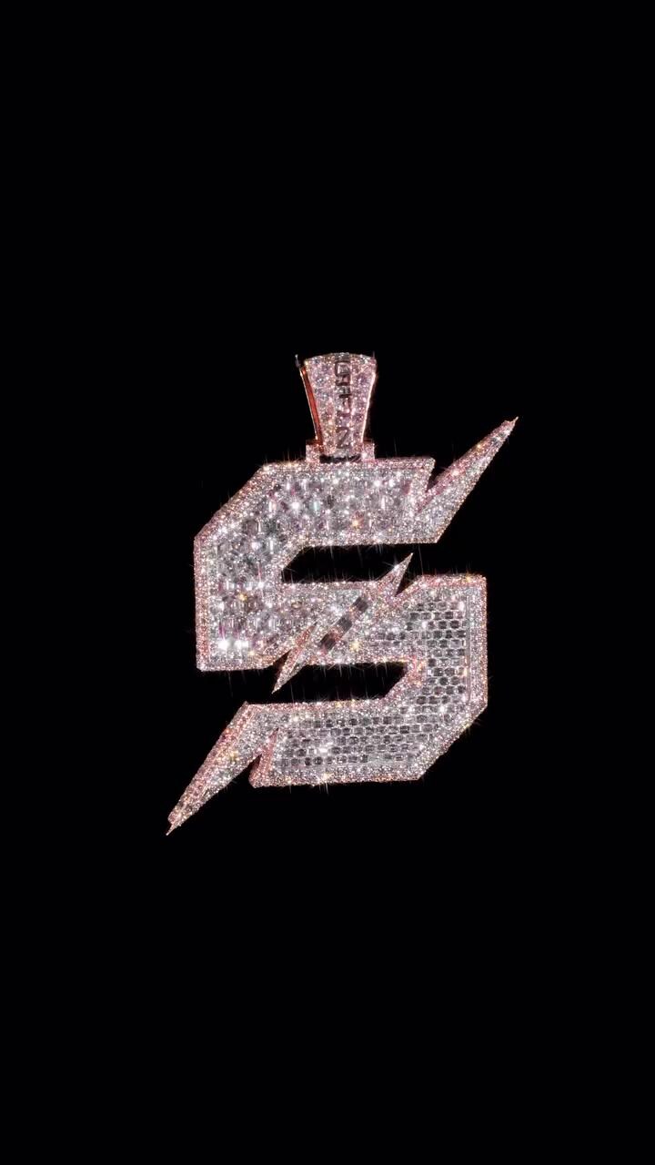 VVS1 Moissanite S Initial Pendant, Lightning Bolt Design, Two Tone 925 Sterling Silver Hip Hop Jewelry