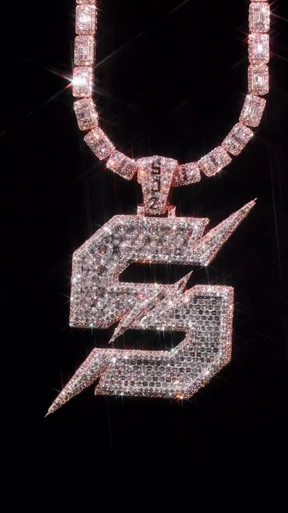 VVS1 Moissanite S Initial Pendant, Lightning Bolt Design, Two Tone 925 Sterling Silver Hip Hop Jewelry