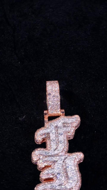 VVS1 Moissanite Drop Down Pendant | Old English Letters | Mosaic Setting | Two Tone 925 Sterling Silver | Passes Diamond Tester