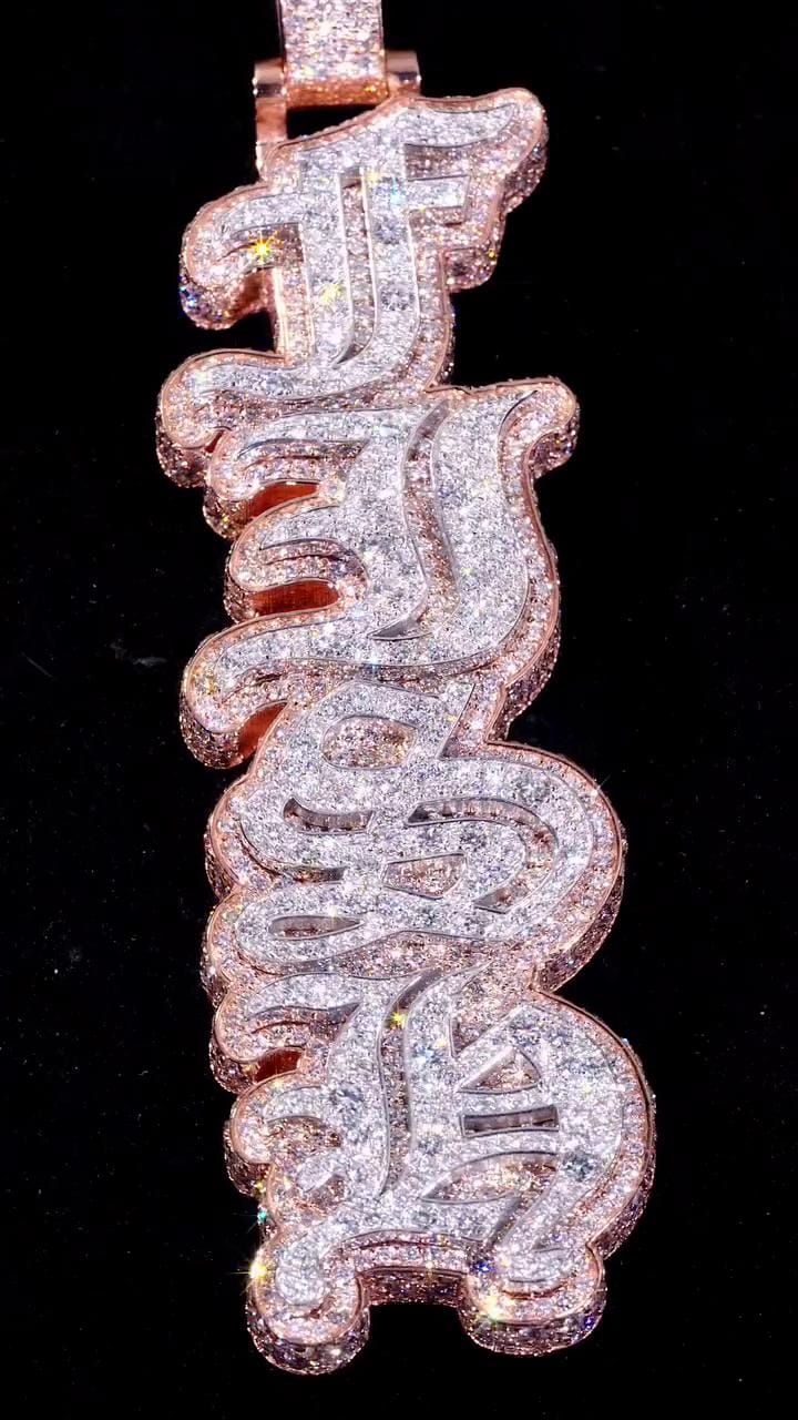 VVS1 Moissanite Drop Down Pendant | Old English Letters | Mosaic Setting | Two Tone 925 Sterling Silver | Passes Diamond Tester