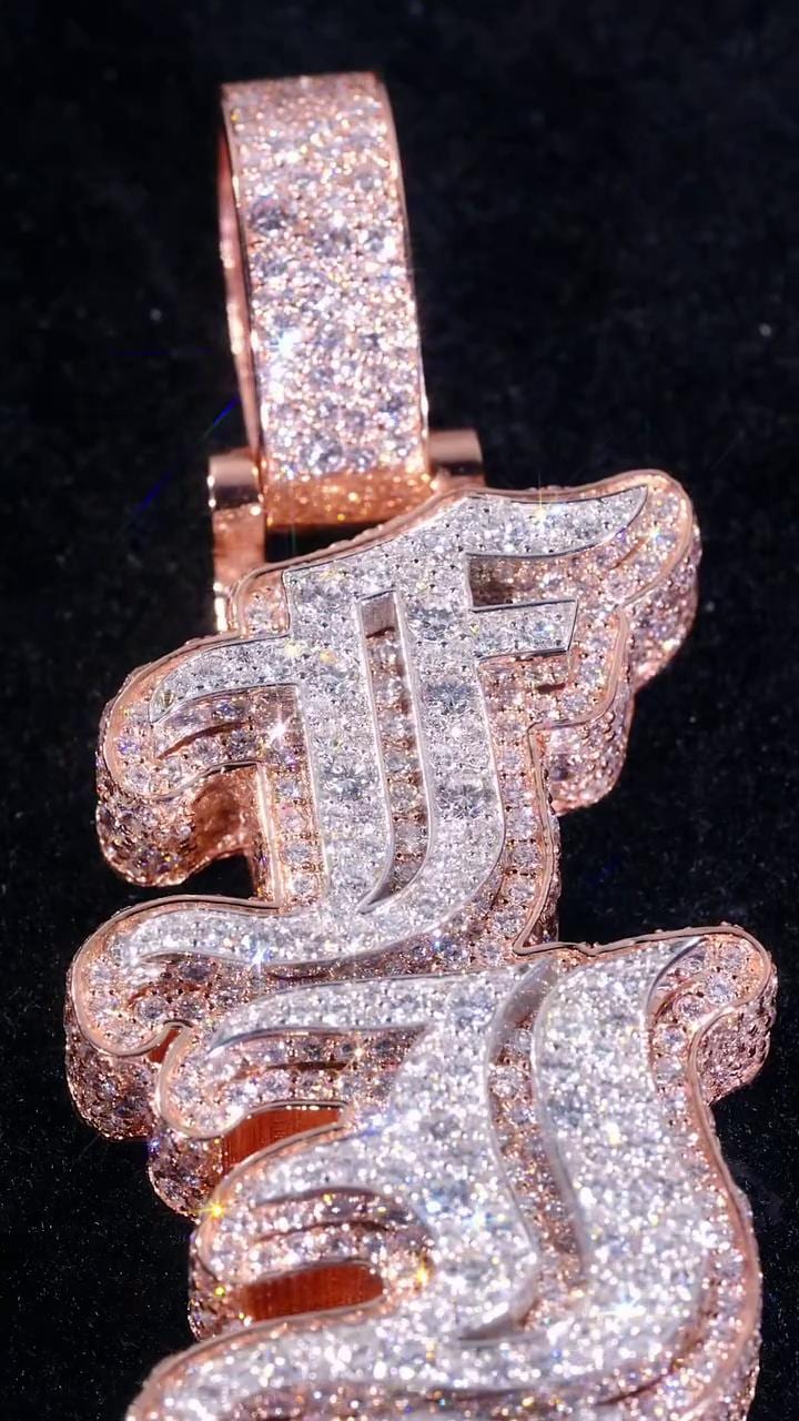 VVS1 Moissanite Drop Down Pendant | Old English Letters | Mosaic Setting | Two Tone 925 Sterling Silver | Passes Diamond Tester