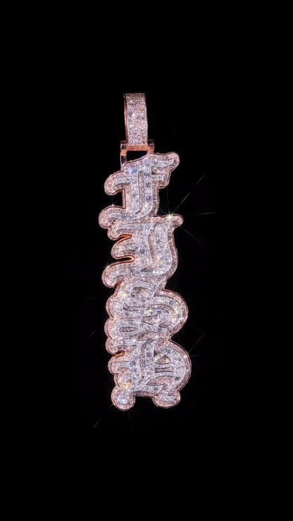 VVS1 Moissanite Drop Down Pendant | Old English Letters | Mosaic Setting | Two Tone 925 Sterling Silver | Passes Diamond Tester