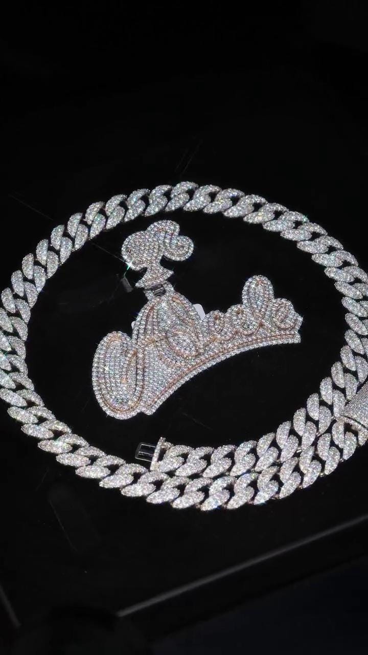 Custom Name Pendant and 12mm Cuban Link Chain Set, VVS1 Moissanite, 925 Sterling Silver, Personalized Hip Hop Jewelry