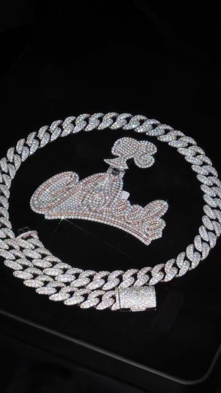 Custom Name Pendant and 12mm Cuban Link Chain Set, VVS1 Moissanite, 925 Sterling Silver, Personalized Hip Hop Jewelry